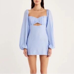 RUMER Camille Cotton Cutout Long Sleeve Mini Dress Blue Large New with Tag